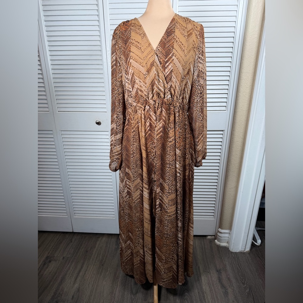 Ady P‎ Leopard Print Maxi Dress Boho Long Sleeve Lined Waist Tie XL